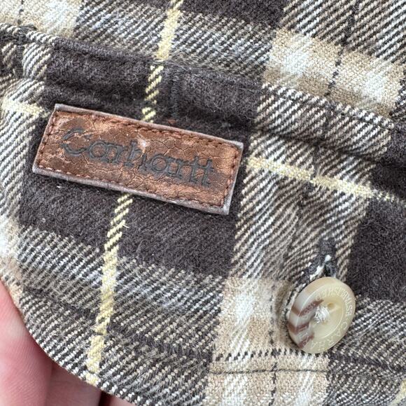 Carhartt Flannel Shirt Mens Large Brown Plaid Button Up Heavyweight Utility - Picture 3 of 7